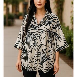 Rachel Zoe Women Top 3X Linen Blend Cream Tropical Button Up Coastal Resort